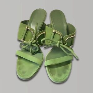 Gucci Heeled Suede Slides Horsebit Leather Tie Closures Design Apple Green W 8B